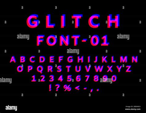 Glitch font with distortion effect. English letters, numbers and symbols with glitch effect. Red ...