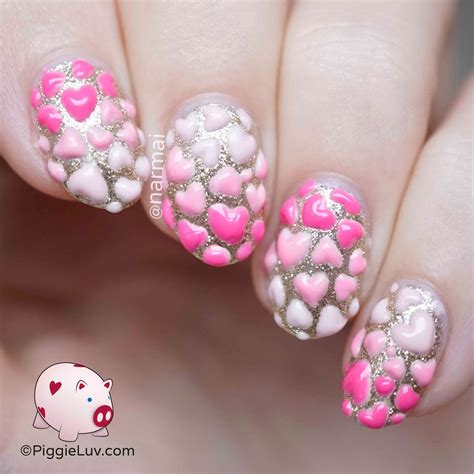 PiggieLuv: 3D hearts nail art for Valentine's Day