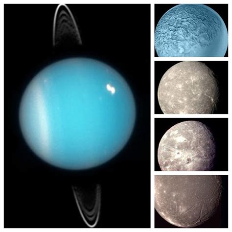 Uranus and four of its moons. From the top, Umbriel, Titania, Oberon, and Ariel. Uranus rotates ...