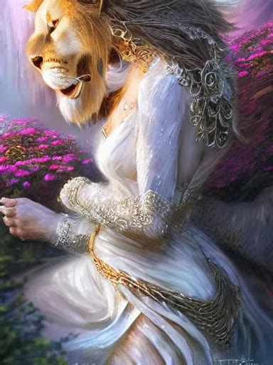 a woman hugging a ferocious lion, wearing a cute white | Stable Diffusion