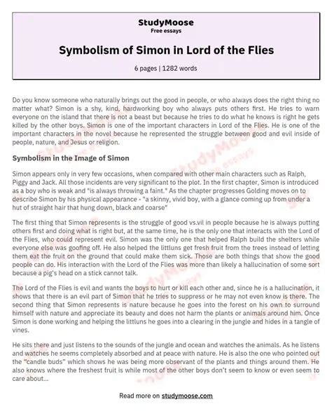 Symbolism of Simon in Lord of the Flies Free Essay Example