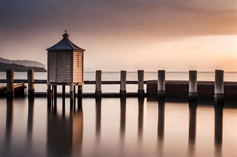 Premium AI Image | a boathouse is on the water with the sun setting ...