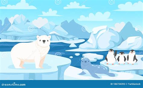 Cartoon Arctic Landscape with Animals. White Bears and Penguins on Drifting Glacier, Snow ...