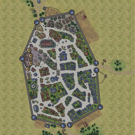 a map of a town with lots of trees and buildings on it's sides