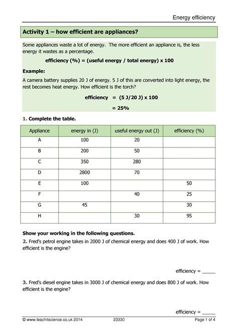 Energy efficiency worksheet|KS4 Physics|Teachit