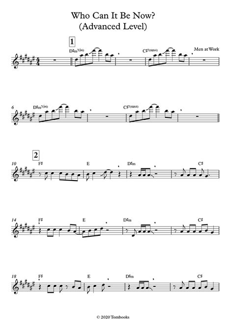 Saxophone Sheet Music Who Can It Be Now? (Advanced Level, Tenor Sax) (Men at Work)