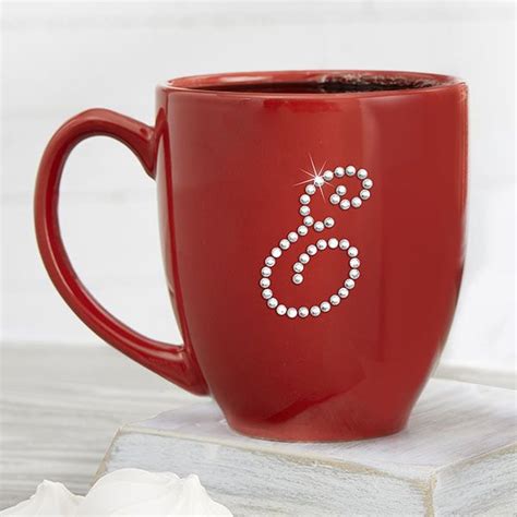 Rhinestone Initial Mug Personalized 16 oz Red Bistro Mug - Romantic Gifts Personalized Romantic ...