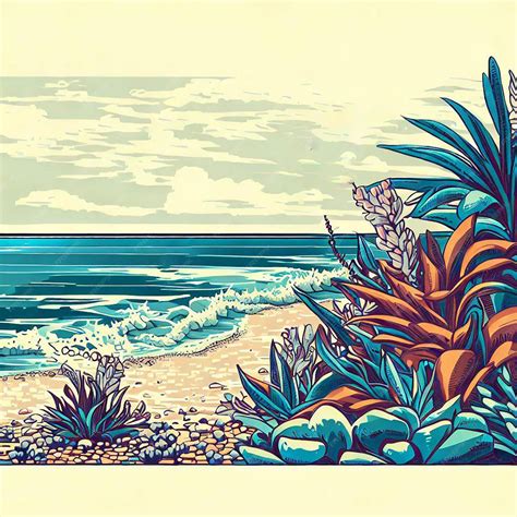 Premium AI Image | a drawing of a beach with plants and waves