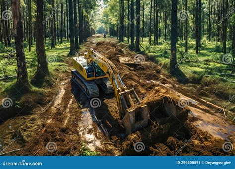 Bulldozers Digging a Dirt Road in a Forest. Global Deforestation Stock ...