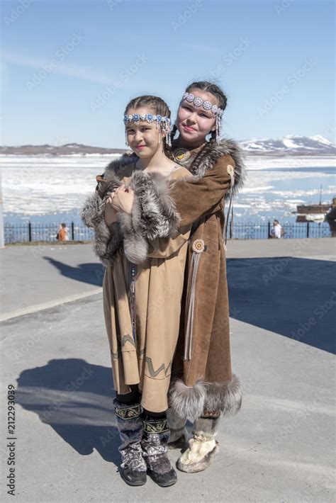 Two chukchi girls in folk dress against the Arctic landscape Stock ...