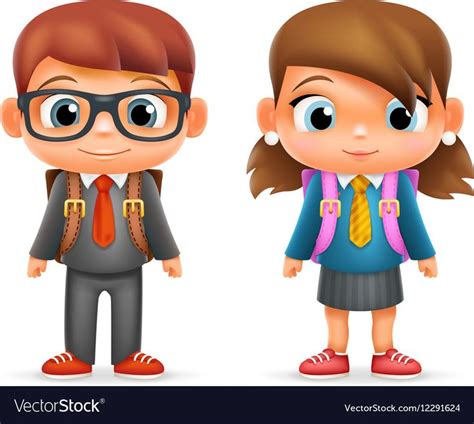 Realistic School Boy Girl Child Pupil Cartoon Education Character Icon Set Design Isolated ...