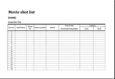 Movie Shot List Templates for MS EXCEL | Excel Templates