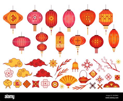 Chinese new year elements. Asian lantern, japanese cloud and sakura ...