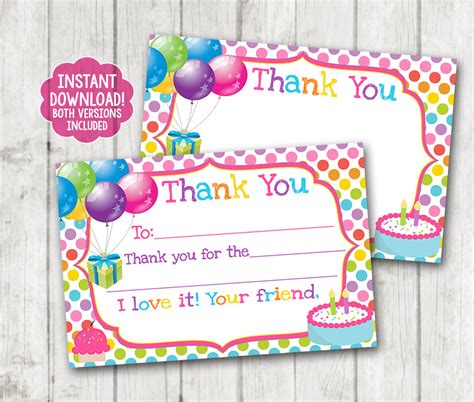 INSTANT DOWNLOAD Printable Birthday Thank You Cards, Balloons Thank You Cards – Happy Barn