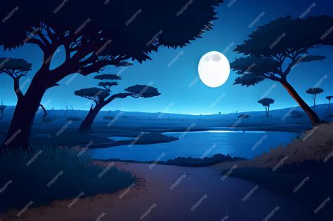 Premium Photo | Nighttime Safari Adventure Vector Cartoon of African Savanna with Acacia Trees ...