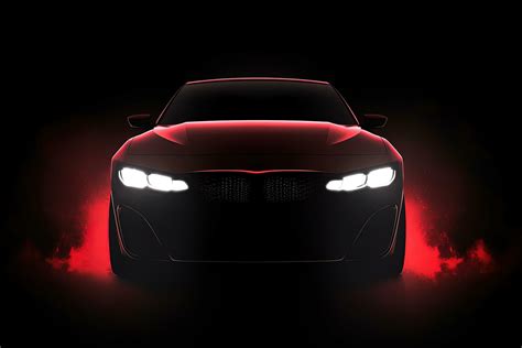 Front view dark silhouette of a modern luxury red car isolated on dark ...