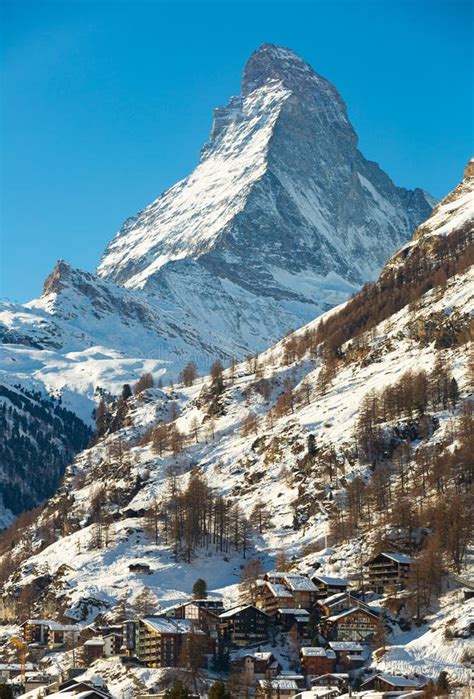 Snowing in Zermatt Traditional Swiss Ski Resort Under Matterhorn Stock Image - Image of morning ...