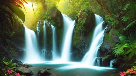 Summer Tropical Waterfall Painting Generative Ai Illustrations Background, Summer, Tropical ...