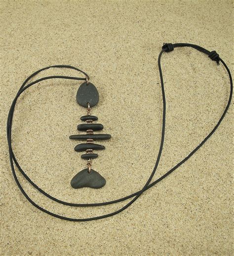 Lake Michigan Stone Fish Bone Necklace, Adjustable Leather Cording, Pebble Fish Bone Pendant ...