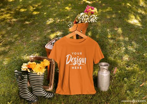 Garden With Clothes And Flowers T-shirt Mockup PSD Editable Template