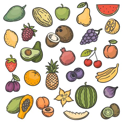 Dibujar frutas. Dibujado a mano frutas de color manzana, naranja y limón, plátano y kiwi, cereza ...