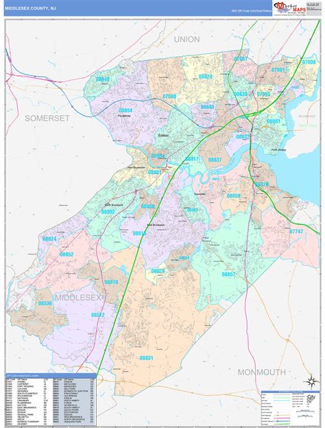 Middlesex County, NJ Wall Map Color Cast Style by MarketMAPS - MapSales