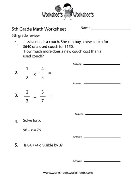 Free Printable 5Th Grade Math Worksheets