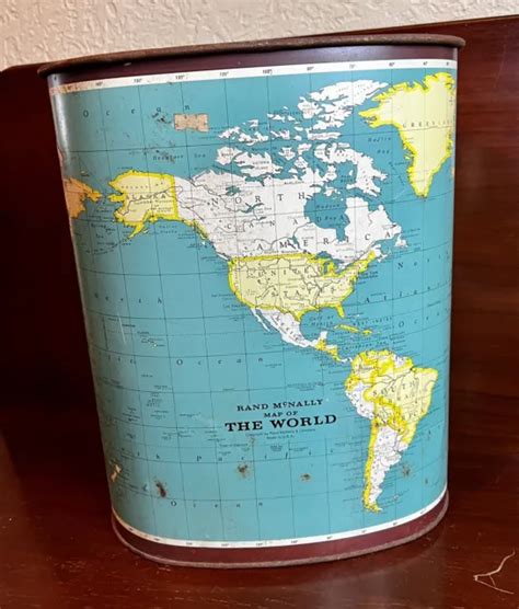 VINTAGE RAND MCNALLY Map of The World Trash Can Wastebasket JL Clark $24.50 - PicClick