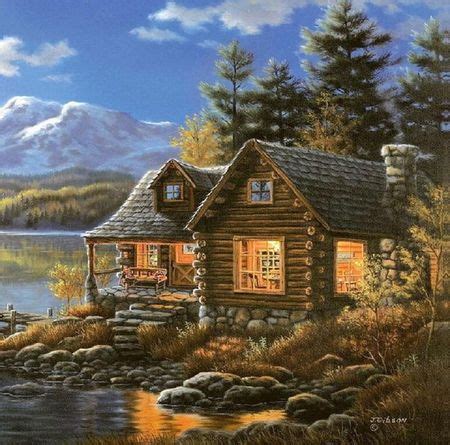 Cabin at lake by Judy Gibson - cabin, cottage, evening, forest, lake, light, painting, trees ...