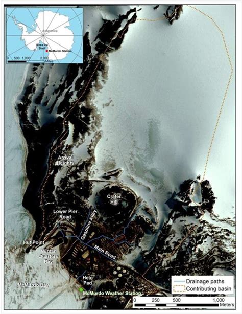 Map of McMurdo Station showing the watershed boundary (dashed line) and... | Download Scientific ...