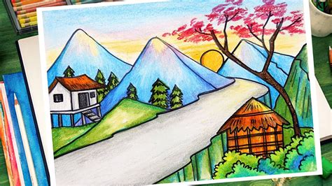 How to Draw Mountains Scenery Easy | Scenery Drawing | Mountain Scenery ...