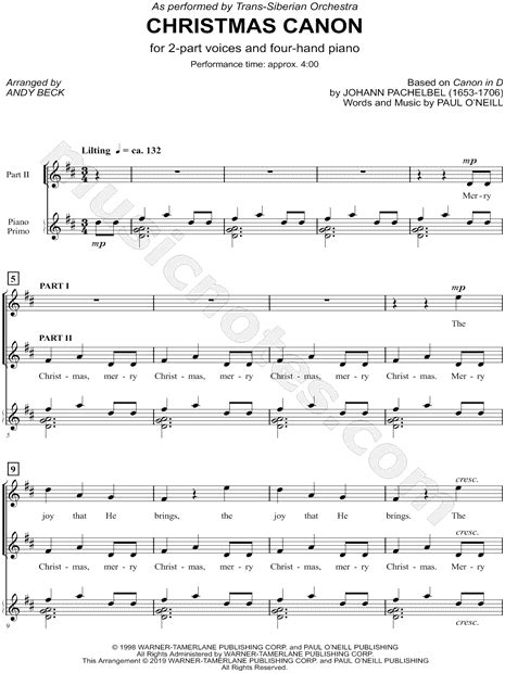 Trans-Siberian Orchestra "Christmas Canon" (arr. Andy Beck) 2-Part Choir + Piano Choral Sheet ...