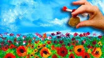 EASY Poppies???? NO BRUSHES ACRYLIC Painting Sponge And Cotton Swabs BEGINNERS Acrylic Painting