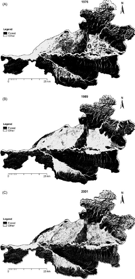 Map of forest cover in 1976 (A), 1989 (B), 2001 (C) and change in... | Download Scientific Diagram