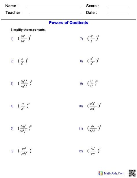 Exponents Pre Algebra Worksheet Pdf