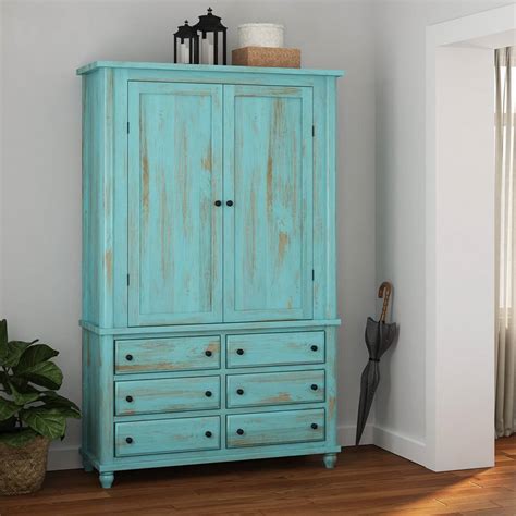 Victorian Turquoise Mango Wood Clothing Armoire Wardrobe With Drawers