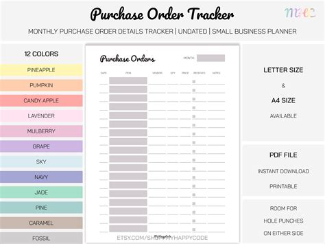 Purchase Order Tracker Printable, Order Status Tracker, Order Tracker Printable, Purchase Record ...