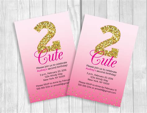 Custom Printable 2 Cute Girl's 2nd Birthday Invitation - Hot Pink Ombre ...