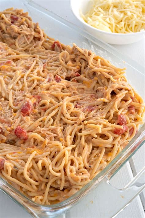 Chicken Spaghetti with Rotel - cheesy casserole bake! - Kitchen Gidget