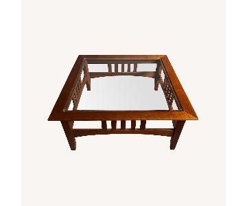 Ethan Allen Wood Square Glass Top Coffee Table - AptDeco