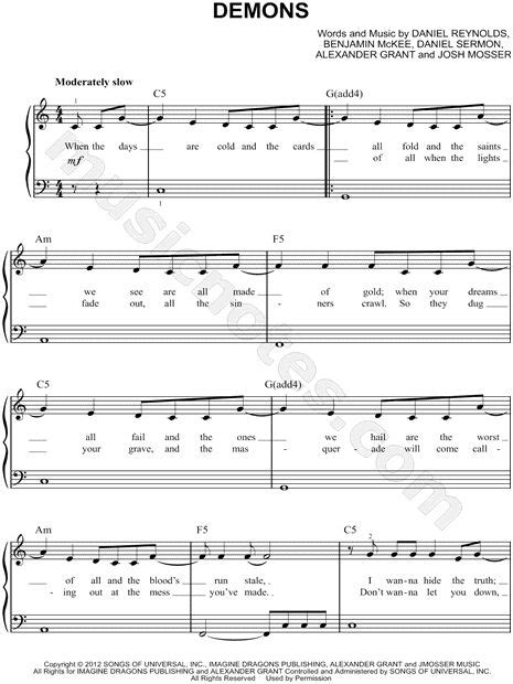 Imagine Dragons "Demons" Sheet Music (Easy Piano) in C Major - Download & Print | Sheet music ...