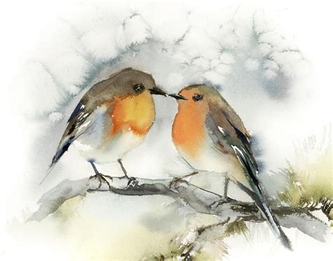 Impression d'art mural de peinture de deux oiseaux Robin - Etsy France ...