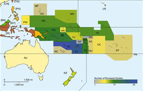 Map of the 21 member Pacific Island Countries and Territories, coloured ...