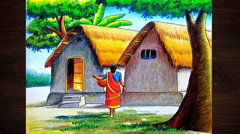 Village scenery drawing step by step/Village hut scenery drawing/Village house drawing - YouTube