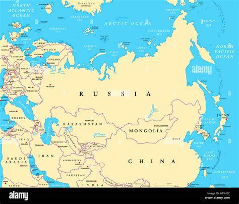 Eurasia mappa politico con capitelli e i confini nazionali. Parti combinate della massa ...