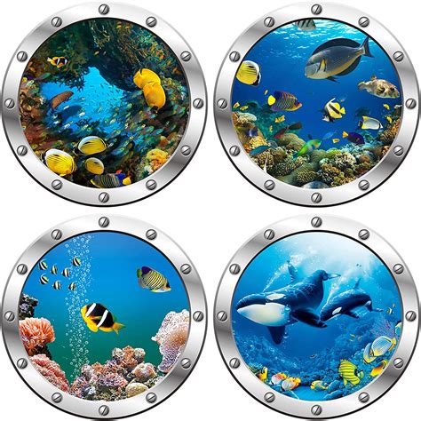 4Pcs Ocean World Wall Stickers, 12” Removable Art Decals for Kids, 3D ...