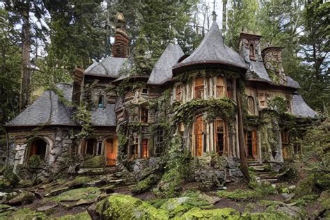 photograph of a fantasy style woodland mansion in an | Stable Diffusion