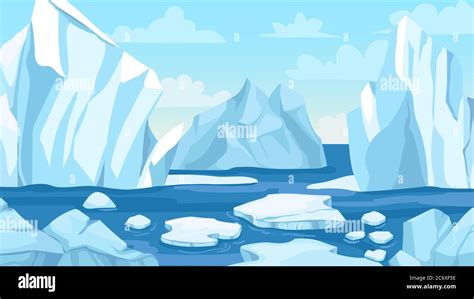 Cartoon arctic landscape. Icebergs, blue pure water glacier and icy cliff snow mountains ...