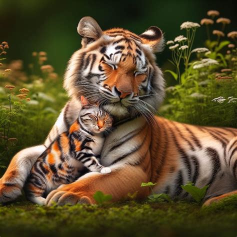 Tiger Embracing a Cat: Surprising Bond in the Wild | AI Art Generator ...