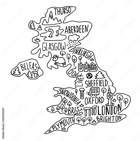 Hand drawn doodle Great Britain map. England city names lettering and ...